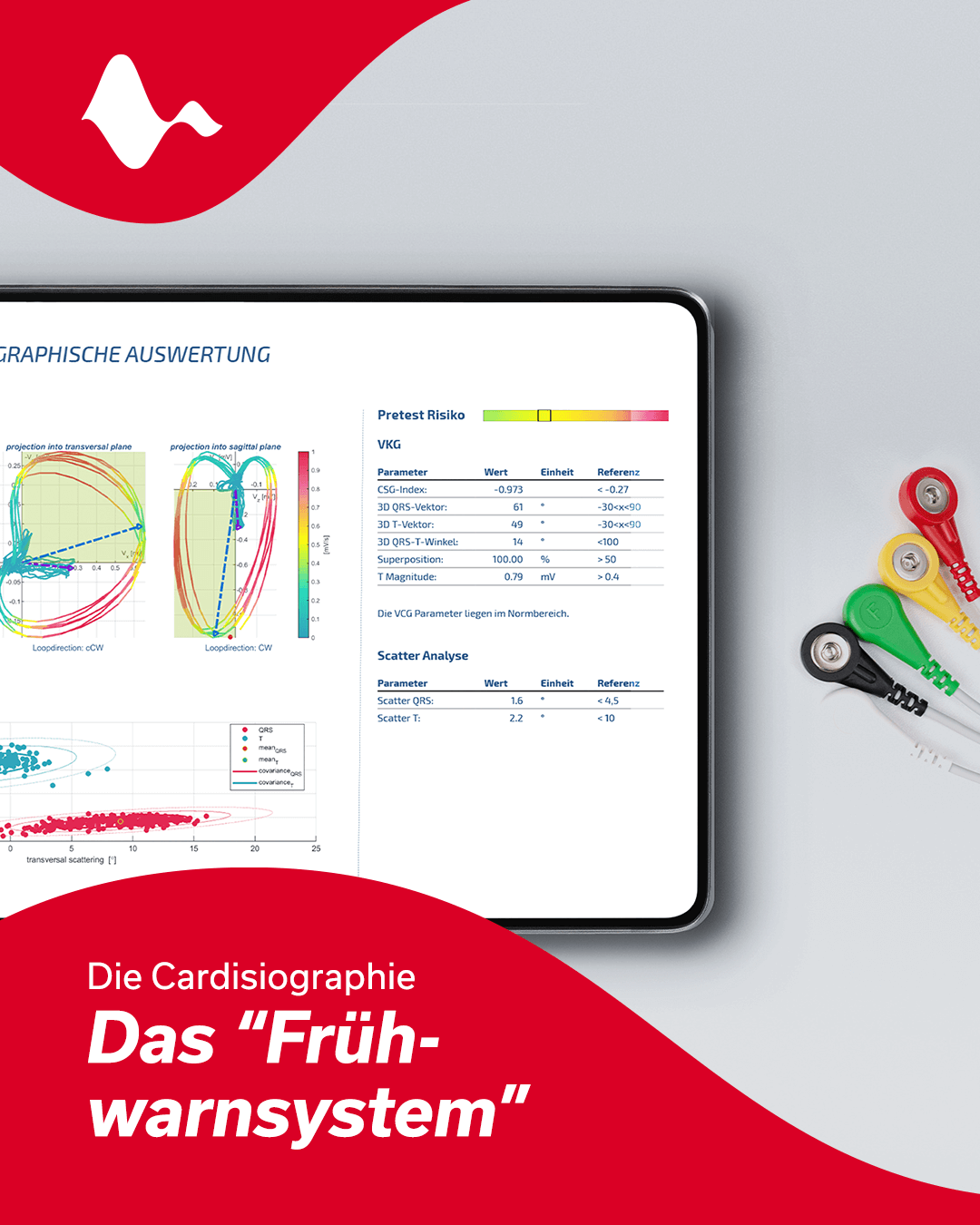 Detailansicht der vektorkardiographischen Auswertung mit VKG-Parametern und Scatter-Analyse auf einem Tablet.