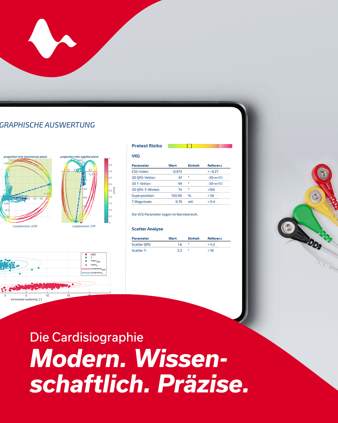 Tablet mit der vektorkardiographischen Auswertung der Cardisiographie – „Modern. Wissenschaftlich. Präzise.“