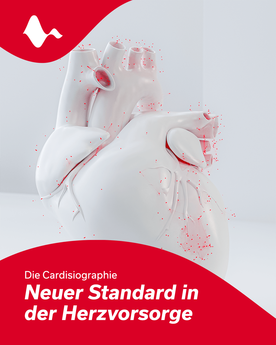 Weißes 3D-Modell eines Herzens mit roten Bildpunkten – Sinnbild für die KI-gestützte Cardisiographie zur Herzvorsorge.